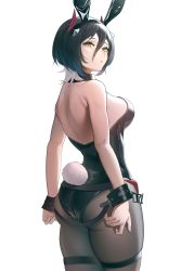 Rule 34 | 1girl, absurdres, alternate costume, animal ears, ass, azur lane, back, bare shoulders, black hair, black hairband, black leotard, black pantyhose, black wrist cuffs, bound, bound wrists, breasts, commentary, fake animal ears, feet out of frame, from side, hairband, highres, leotard, light blush, looking at viewer, medium breasts, multicolored hair, open mouth, pantyhose, parted lips, playboy bunny, rabbit ears, rabbit tail, short hair, sideboob, solo, standing, streaked hair, tail, thighs, ulrich von hutten (azur lane), weixiaoren, white background, wrist cuffs, yellow eyes