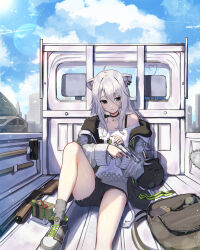 Rule 34 | 2girls, ahoge, ammunition, animal ears, ao ne, backpack, bag, black choker, black eyes, black nails, black shorts, blue hair, blue sky, blush, breasts, car, chainsaw, choker, cityscape, closed mouth, cloud, cloudy sky, commentary, cross-laced footwear, day, ear piercing, explosive, foot out of frame, grenade, grey footwear, grey hair, grey jacket, grey socks, gun, hair between eyes, hammer, handgun, heart, heart ahoge, highres, holding, holding gun, holding weapon, hololive, jacket, jewelry, knee up, lens flare, light smile, lion ears, lion girl, lion tail, long hair, looking down, medium breasts, motor vehicle, multiple girls, nail polish, necklace, off-shoulder shirt, off shoulder, on vehicle, open clothes, open jacket, outdoors, pickup truck, piercing, shirt, shishiro botan, shishiro botan (casual), shoes, short shorts, shorts, shotgun, shotgun shell, sidelocks, sitting, sky, smile, sneakers, socks, solo focus, ssrb (shishiro botan), tail, trigger discipline, truck, virtual youtuber, weapon, white shirt, yukihana lamy