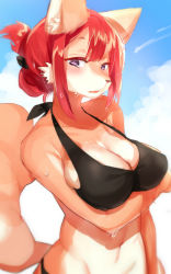 Rule 34 | 1girl, bra, cloud, copyright request, dog, furry, furry female, looking at viewer, open mouth, ponytail, purple eyes, red hair, sky, solo, suurin (ksyaro), underwear