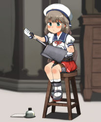 Rule 34 | 1girl, annin musou, blush, chair, cleaning, cleaning gun, cleaning weapon, gloves, green eyes, grey hair, hat, kantai collection, long hair, low twintails, mikura (kancolle), motion lines, pleated skirt, puffy short sleeves, puffy sleeves, red ribbon, red skirt, ribbon, sailor collar, sailor hat, sailor shirt, school uniform, serafuku, shirt, short sleeves, sitting, skirt, socks, solo, stool, translated, turret, twintails, weapon, white gloves, white hat, white shirt, white socks