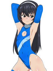 Rule 34 | 10s, 1girl, armpits, arms behind head, black hair, blush, breasts, brown eyes, casual one-piece swimsuit, cleavage cutout, clothing cutout, flat chest, girls und panzer, gloves, groin, hairband, highleg, highleg swimsuit, highres, kagemusha, navel, one-piece swimsuit, reizei mako, sideboob, solo, standing, sweat, swimsuit, thighhighs