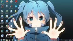 Rule 34 | 1girl, bad id, bad pixiv id, blue eyes, blue hair, collared jacket, desktop, ene (kagerou project), headphones, highres, icon (computing), jacket, jinzou enemy (vocaloid), kagerou project, long hair, looking at viewer, matching hair/eyes, solo, track jacket, twintails, vocaloid, yuya kyoro