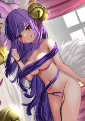 Rule 34 | 1girl, :q, animal ear fluff, animal ears, arm at side, bead bracelet, beads, bell, blunt bangs, blunt ends, blurry, blurry foreground, body markings, bracelet, breasts, closed mouth, cowboy shot, curtains, daji (monster strike), facial mark, fluffy, hair bell, hair ornament, hair ribbon, hand up, head on pillow, indoors, jewelry, jingle bell, licking lips, long hair, looking at viewer, lying, medium breasts, monster strike, nail polish, navel, on bed, on side, panties, pillow, pink curtains, pink panties, pink ribbon, purple hair, red nails, ribbon, seductive smile, side-tie panties, smile, solo, straight hair, string panties, tail, tongue, tongue out, topless, tsuseki, underwear, untied panties, very long hair, window, yellow eyes