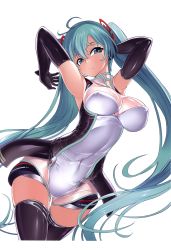 Rule 34 | 1girl, absurdres, aqua eyes, aqua hair, armpits, arms up, black gloves, black thighhighs, breasts, elbow gloves, gloves, hakaba (dairiseki), hatsune miku, highres, huge filesize, large breasts, long hair, open mouth, race queen, racing miku, racing miku (2011), solo, thighhighs, twintails, very long hair, vocaloid