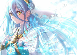 Rule 34 | 1girl, azura (fire emblem), blue hair, bracelet, clear glass (mildmild1311), elbow gloves, fire emblem, fire emblem fates, flower, gloves, hair flower, hair ornament, headdress, highres, jewelry, long hair, looking at viewer, necklace, nintendo, smile, solo, swept bangs, water, water drop, yellow eyes