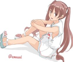 Rule 34 | 1girl, bare shoulders, blush, brown eyes, brown hair, dark-skinned female, dark skin, dress, emuwai, hair ornament, hair ribbon, kantai collection, libeccio (kancolle), long hair, looking at viewer, open mouth, ribbon, sailor dress, simple background, sitting, sleeveless, smile, solo, twintails, white dress, white footwear