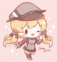 Rule 34 | 1girl, anchor hair ornament, black skirt, black thighhighs, blonde hair, blush, chibi, german text, gloves, hair ornament, hat, highres, kantai collection, long hair, long sleeves, military, military uniform, nada namie, one eye closed, open mouth, peaked cap, pink background, pleated skirt, prinz eugen (kancolle), signature, simple background, skirt, solo, sparkle, thighhighs, twintails, uniform, white gloves