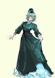 Rule 34 | 1girl, ame iru, black headwear, closed eyes, closed mouth, clothes pull, dress, dress pull, facing viewer, full body, green dress, green hair, highres, long sleeves, ofuda, ofuda on clothes, pulled by self, short hair, simple background, soga no tojiko, solo, touhou, yellow background