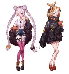 Rule 34 | :p, abigail williams (fate), abigail williams (traveling outfit) (fate), alternate costume, bandaid, bandaid on face, bandaid on forehead, belt, black bow, black footwear, black jacket, blonde hair, blue eyes, blush, bow, bow choker, braid, breasts, candy, clothes down, crop top, cross-laced footwear, crossed bandaids, denim, denim shorts, double bun, fate/grand order, fate (series), food, footwear bow, full body, grey eyes, grey hair, hair bow, hair bun, high heels, highres, holding, holding candy, holding food, holding lollipop, holding stuffed toy, jacket, jewelry, key, key necklace, lace, lace-trimmed legwear, lace trim, leg tattoo, lollipop, long hair, looking at viewer, multiple hair bows, navel, necklace, official alternate costume, open clothes, open jacket, orange belt, orange bow, ota (ota-0000), parted bangs, polka dot, polka dot bow, purple thighhighs, red footwear, short shorts, shorts, sidelocks, simple background, single hair bun, sleeves past fingers, sleeves past wrists, small breasts, smile, stuffed animal, stuffed toy, tattoo, teddy bear, thigh belt, thigh strap, thighhighs, tongue, tongue out, twin braids, very long hair, white background