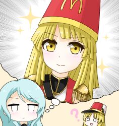 Rule 34 | 2girls, :d, ?, absurdres, bang dream!, blonde hair, blue hair, blush, brown background, closed mouth, commentary request, emphasis lines, epaulettes, food, french fries, goom (goomyparty), hat, highres, hikawa sayo, imagining, jacket, long hair, mcdonald&#039;s, multiple girls, o o, open mouth, red headwear, red jacket, shako cap, smile, sparkle, swept bangs, tsurumaki kokoro, v-shaped eyebrows, yellow eyes