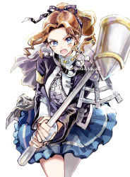 Rule 34 | 1girl, angry, armor, asa (asa 410st), black jacket, black ribbon, blue eyes, blue skirt, blurry, blush, brown hair, capelet, center frills, commentary request, cowboy shot, dated, depth of field, fighting stance, fingerless gloves, floating hair, frilled shirt, frilled skirt, frills, gloves, grey capelet, hair ribbon, high ponytail, holding, holding weapon, honami hisame, incoming attack, jacket, leaning forward, long sleeves, looking at viewer, medium hair, miniskirt, open mouth, parted bangs, partially unzipped, pauldrons, ponytail, ribbon, shirt, shoujo kageki revue starlight, shoulder armor, sidelocks, simple background, single pauldron, single stripe, skirt, solo, standing, striped clothes, striped skirt, twitter username, two-handed, v-shaped eyebrows, war hammer, weapon, white background, white gloves, white jacket, white shirt, zipper, zipper pull tab