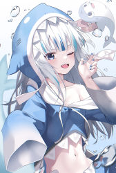 1girl, ;d, adapted costume, animal hood, bangs, bloop (gawr gura), blue background, blue eyes, blue hair, blue hoodie, blue nails, blurry, bubble, commentary, depth of field, drawstring, eyebrows visible through hair, fish tail, gawr gura, gradient, gradient background, hand up, highres, hololive, hood, hood up, hoodie, kanzi, long hair, long sleeves, looking at viewer, motion blur, multicolored hair, nail polish, navel, off shoulder, one eye closed, open mouth, shark girl, shark hood, shark tail, sharp teeth, sleeves past fingers, sleeves past wrists, smile, solo, stomach, streaked hair, tail, teeth, upper teeth, virtual youtuber, white background, white hair, wide sleeves