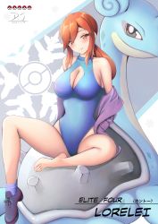 Rule 34 | 1girl, absurdres, alternate costume, bare shoulders, blue one-piece swimsuit, breasts, character name, cleavage, cleavage cutout, clothing cutout, commission, creatures (company), d.j (dwcg2854), full body, game freak, highres, jacket, large breasts, long hair, lorelei (pokemon), nintendo, one-piece swimsuit, open clothes, open jacket, orange eyes, orange hair, pixiv commission, pokemon, pokemon frlg, purple footwear, purple jacket, purple socks, shoes, single shoe, socks, solo, swimsuit