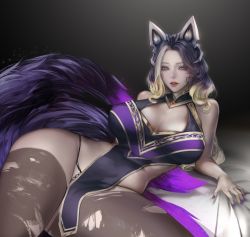 Rule 34 | absurdres, ahri (league of legends), breasts, cleavage, coven ahri, fox girl, highres, large breasts, lohel, looking at viewer, lying, multicolored hair, nail polish, on bed, on side, pantyhose, purple tail, torn clothes, torn legwear, torn pantyhose, turquoise eyes