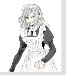 Rule 34 | 1boy, alternate costume, angry, apron, black dress, clenched teeth, crossdressing, dress, dungeon meshi, elf, enmaided, frills, grey eyes, grey hair, kabe piko, long sleeves, maid, maid apron, maid headdress, male focus, medium hair, mithrun, pointy ears, puffy sleeves, scowl, solo, teeth, wavy hair, white apron, white background