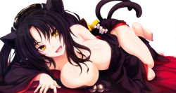 Rule 34 | 10s, 1girl, :d, absurdres, animal ears, bare shoulders, barefoot, bed, black hair, body blush, breast press, breasts, cat ears, cat girl, cat tail, cleavage, collarbone, covered erect nipples, fangs, feet, female focus, fingernails, hair between eyes, hair ornament, hairband, high school dxd, highres, japanese clothes, kimono, kuroka, kuroka (high school dxd), large breasts, leg up, legs, lipstick, long hair, long image, long sleeves, looking at viewer, loose clothes, lying, makeup, miyama-zero, multiple tails, nail polish, no bra, no panties, obi, off shoulder, official art, official wallpaper, on side, open clothes, open mouth, purple lips, purple nails, sash, scan, shiny skin, simple background, slit pupils, smile, solo, tail, thighs, toenail polish, toenails, toes, undressing, wallpaper, white background, wide image, wide sleeves, yellow eyes