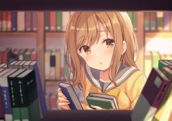 Rule 34 | 1girl, :o, blurry, blurry background, blurry foreground, blush, book, book stack, bookshelf, bow, bowtie, brown eyes, brown hair, collarbone, commentary request, depth of field, grey sailor collar, holding, holding book, kunikida hanamaru, library, long hair, long sleeves, looking at viewer, love live!, love live! sunshine!!, orange bow, orange bowtie, parted lips, sailor collar, school uniform, shiromikan, shirt, sidelocks, solo, uranohoshi school uniform, yellow shirt