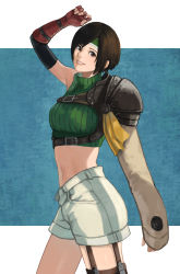 Rule 34 | 1girl, absurdres, arm at side, armor, armpits, blue background, breasts, brown eyes, brown gloves, brown hair, commentary, crop top, elbow gloves, final fantasy, final fantasy vii, fingerless gloves, garter straps, gloves, green sweater, hand up, headband, highres, looking at viewer, medium breasts, midriff, navel, outside border, pauldrons, ribbed sweater, sanyo (wkfv3874), short hair, shorts, shoulder armor, single pauldron, sleeveless, sleeveless turtleneck, smile, solo, square enix, sweater, swept bangs, texture, thighhighs, turtleneck, turtleneck sweater, white shorts, yuffie kisaragi
