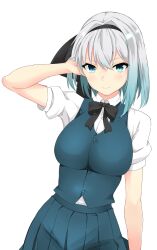 Rule 34 | 1girl, aqua eyes, black bow, black bowtie, black hairband, bow, bowtie, breasts, closed mouth, collared shirt, commentary request, green skirt, green vest, grey hair, hairband, hand in own hair, highres, konpaku youmu, large breasts, looking at viewer, plaid, plaid skirt, shirt, short hair, short sleeves, simple background, skirt, solo, suiu shinotsuku, touhou, variant set, vest, white background, white shirt
