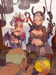 Rule 34 | 1boy, 2girls, breasts, cleavage, commentary, eyeball, grey hair, highres, holding, large breasts, long hair, midriff, multicolored hair, multiple girls, navel, original, short hair, timbougami
