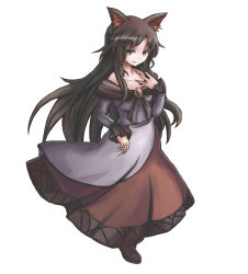 Rule 34 | 1girl, animal ears, arm up, bad id, bad pixiv id, bare shoulders, brooch, brown hair, collarbone, dress, fingernails, frilled sleeves, frills, highres, imaizumi kagerou, jewelry, juuki taira, layered dress, long fingernails, long hair, looking at viewer, parted lips, red eyes, sharp fingernails, simple background, solo, strapless, strapless dress, touhou, very long hair, white background, wolf ears
