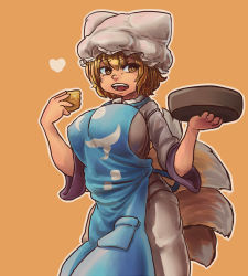 Rule 34 | 1girl, animal hat, blonde hair, breasts, chanta (ayatakaoisii), cowboy shot, dress, hat, heart, holding, large breasts, mob cap, multiple tails, open mouth, orange background, outline, mob cap, short hair, simple background, solo, tabard, tail, touhou, white dress, white outline, yakumo ran