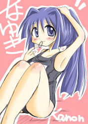 Rule 34 | 1girl, arm up, black one-piece swimsuit, black school swimsuit, blue eyes, blue hair, blush, collarbone, kanon, long hair, looking back, marinba, minase nayuki, mouth hold, name tag, one-piece swimsuit, pink background, ponytail, rubber band, school swimsuit, sitting, smile, swimsuit, tying hair