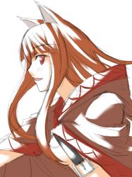 Rule 34 | 00s, 1girl, animal ears, blunt bangs, brown hair, cape, fang, holo, long hair, open clothes, open shirt, red eyes, ribi, shirt, solo, spice and wolf, tail, white background, wolf ears, wolf tail