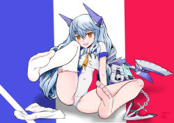 Rule 34 | 1girl, absurdres, amy (pixiv14175215), anchor, barefoot, blouse, blush, cameltoe, cannon, chain, feet, flag print, foot focus, french flag, headgear, highres, le fantasque, le fantasque (warship girls r), leotard, long hair, looking at viewer, necktie, no shoes, open mouth, personification, school uniform, shirt, silver hair, single thighhigh, smile, solo, thighhighs, unworn thighhighs, toes, very long hair, warship girls r, white thighhighs, yellow eyes