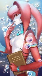 Rule 34 | 1girl, animal ears, book, bracelet, bubble, detached collar, from side, gills, holding, holding book, jewelry, kinketsu, laflat (breath of the wild), long hair, looking at viewer, monster girl, nail polish, nintendo, parted lips, profile, red eyes, slit pupils, smile, solo, submerged, tentacle hair, the legend of zelda, the legend of zelda: breath of the wild, underwater, water, white nails, zora