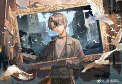Rule 34 | 1boy, bird, black bow, black bowtie, black gloves, black hair, black jacket, black pants, bow, bowtie, brown eyes, building, chain, dove, facing viewer, gloves, head tilt, highres, holding frame, holding painting, jacket, klein moretti, lamppost, looking at viewer, lord of the mysteries, outdoors, painting (object), pants, partially shaded face, pollution, ruins, samuelphelps, shirt, short hair, skyscraper, watermark, weibo logo, white shirt, windbreaker