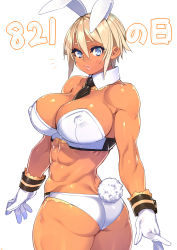 Rule 34 | 1girl, 23 (real xxiii), abs, animal ears, ass, bad anatomy, bare shoulders, blonde hair, blue eyes, blush, breasts, bunny girl, cleavage, covered erect nipples, dark-skinned female, dark skin, detached collar, fake animal ears, fake tail, gloves, highres, large breasts, lips, looking at viewer, looking back, midriff, muscular, muscular female, necktie, open mouth, original, panties, rabbit ears, rabbit tail, sela (23), short hair, simple background, solo, tail, toned, underwear, white background, white gloves, white panties, wrist cuffs