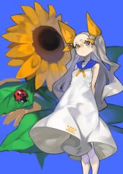 Rule 34 | 1girl, arms behind back, balance (superdust), bare arms, blue background, blue sailor collar, bow, bug, closed mouth, commentary request, dress, feet out of frame, flower, grey hair, hair bow, highres, insect, ladybug, long hair, looking at viewer, orange bow, orange eyes, original, oversized flower, sailor collar, simple background, sleeveless, sleeveless dress, solo, sunflower, twintails, white dress