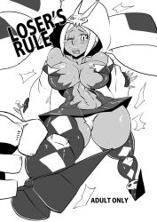 Rule 34 | 1girl, blush, boots, breasts, cameltoe, cerebella (skullgirls), cleavage, cleft of venus, dark-skinned female, dark skin, detached sleeves, english text, female focus, highres, large breasts, monochrome, muscular, navel, open mouth, panties, skull, skullgirls, solo, sorahachi midoro, tears, thigh boots, thighhighs, torn clothes, underwear, vice-versa (skullgirls), white panties, wince