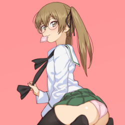 Rule 34 | 10s, 1girl, ass, black neckerchief, black ribbon, black thighhighs, blouse, blurry, blurry foreground, brown eyes, brown hair, closed mouth, clothes lift, commentary request, condom, condom in mouth, condom wrapper, depth of field, from behind, girls und panzer, glasses, green skirt, hair ribbon, highres, long hair, long sleeves, looking at viewer, looking back, miniskirt, mouth hold, neckerchief, neckwear grab, onsen tamago (hs egg), ooarai school uniform, oono aya, panties, partial commentary, pink background, pleated skirt, ribbon, round eyewear, school uniform, seiza, serafuku, shirt, simple background, sitting, skirt, skirt lift, smile, solo, thighhighs, twintails, underwear, wariza, white panties, white shirt