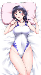 Rule 34 | 1girl, absurdres, asaka karin, blue eyes, blue hair, blush, breasts, competition swimsuit, from above, highres, huge filesize, incredibly absurdres, large breasts, looking at viewer, love live!, love live! nijigasaki high school idol club, love live! school idol festival, love live! school idol festival all stars, md5 mismatch, one-piece swimsuit, resolution mismatch, short hair, smile, solo, swimsuit, thighs, yopparai oni
