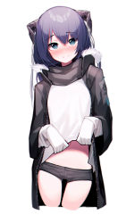 Rule 34 | 1girl, absurdres, arknights, beudelb, black coat, black scarf, black shorts, blue eyes, blue hair, blush, closed mouth, clothes lift, coat, commentary, cowboy shot, cropped legs, demon horns, fur-trimmed hood, fur trim, gloves, hair between eyes, highres, hood, horns, korean commentary, lifted by self, looking at viewer, micro shorts, midriff peek, mostima (arknights), navel, open clothes, open coat, scarf, shirt, shirt lift, shorts, simple background, smile, solo, thigh gap, white background, white gloves, white shirt