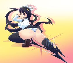 Rule 34 | 1girl, ass, blush, clothes lift, filia (skullgirls), from behind, highres, lips, looking back, oni punch, orange background, panties, pleated skirt, pursed lips, red eyes, skirt, skirt lift, skullgirls, solo, striped clothes, striped panties, thighhighs, underwear