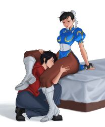 Rule 34 | 1boy, 1girl, absurdres, bed, black hair, boots, bracelet, breasts, brown eyes, brown pantyhose, capcom, china dress, chinese clothes, chun-li, commission, commisssion, cross-laced footwear, dress, earrings, erzomori, grabbing thighs, hair buns, head between thighs, hetero, highres, jewelry, kiss, kissing thigh, lace-up boots, leggings, legs, makeup, medium breasts, pantyhose, sash, skirt, smile, spiked bracelet, spikes, street fighter, thick thighs, thigh grab, thighs, white background, white footwear