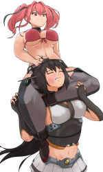 Rule 34 | 2girls, ankle boots, azur lane, bare shoulders, belt, bikini, black choker, black footwear, black gloves, black hair, black shorts, blue legwear, boots, breasts, bremerton (azur lane), bruise, bruise on face, choker, cleavage, clenched teeth, commentary request, commission, cowboy shot, crossover, elbow gloves, fingerless gloves, floating hair, front-tie bikini top, front-tie top, full body, gloves, grey belt, grey hair, grey legwear, groin, hair between eyes, hair intakes, hand on another&#039;s head, headgear, highres, injury, kantai collection, large breasts, lifebuoy ornament, long hair, looking at another, medium breasts, midriff, miniskirt, mole, mole under eye, multicolored hair, multiple girls, nagato (kancolle), navel, pink bikini, pink eyes, pink hair, pleated skirt, ryona, scissorhold, short shorts, shorts, sidelocks, simple background, skeb commission, skirt, smile, standing, stomach, strangling, streaked hair, submission hold, sweat, swimsuit, tears, teeth, thighhighs, tuzi717, twintails, two-tone hair, two-tone legwear, underboob, white background, wrestling
