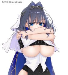 Rule 34 | 1girl, absurdres, areola slip, blue eyes, breasts, chain, chain headband, greatodoggo, hair intakes, highres, hololive, hololive english, ouro kronii, simple background, solo, underboob, virtual youtuber, white background