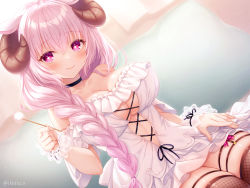 Rule 34 | 1girl, animal ears, asmr, bare shoulders, braid, braided ponytail, breasts, cleavage, collarbone, copyright request, corset, highres, hitsuji meme, horns, itsuki jun, large breasts, layered skirt, legs together, looking at viewer, official art, open clothes, pink eyes, pink hair, seiza, sitting, skirt, smile, thighs, underboob, virtual youtuber