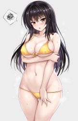 Rule 34 | 1girl, arm under breasts, bikini, black hair, blush, breasts, cameltoe, gluteal fold, groin, highres, holding own arm, kotegawa yui, large breasts, long hair, navel, parted lips, r-binon, simple background, solo, spoken squiggle, squiggle, stomach, sweat, swimsuit, thigh gap, thighs, to love-ru, v-shaped eyebrows, wet, yellow bikini, yellow eyes