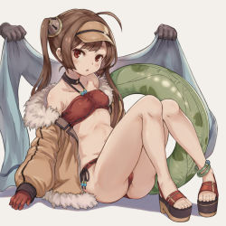 Rule 34 | 1girl, ahoge, azur lane, bare shoulders, bikini, black footwear, blush, breasts, brown background, brown hair, collarbone, disembodied hand, fur-trimmed jacket, fur trim, gloves, hairpods, halterneck, highres, holding, holding towel, jacket, kintsuba (garapagosukkk), long hair, long sleeves, looking at viewer, off shoulder, open clothes, open jacket, parted lips, ping hai (azur lane), ping hai (summer vacation) (azur lane), platform footwear, platform heels, puffy long sleeves, puffy sleeves, red bikini, red eyes, red gloves, ribbon-trimmed bikini, ribbon trim, sidelocks, simple background, sitting, sleeves past wrists, small breasts, solo focus, swimsuit, toenails, towel, twintails, very long hair, visor cap, white background, yellow jacket