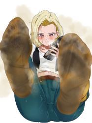 Rule 34 | 1girl, android 18, blonde hair, blue eyes, blush, douraku, dragon ball, dragon ball super, dragonball z, facing viewer, feet, highres, looking at viewer, shoes, simple background, smell, socks, soles, solo, unworn shoes, white background