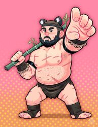 Rule 34 | 1boy, animal ears, bamboo, bara, beanie, bear ears, beard, belly, carrying over shoulder, facial hair, foreshortening, full beard, hat, highres, large pectorals, looking at viewer, male focus, mature male, multiple scars, muscular, muscular male, mustache, navel hair, nipples, original, pectorals, pink background, plump, scar, second-party source, short hair, solo, standing, thick beard, topless male, yonson carbonell
