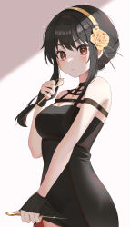 Rule 34 | 1girl, absurdres, bare shoulders, black hair, breasts, cleavage, doongdang, female focus, highres, holding, holding weapon, looking at viewer, medium breasts, red eyes, short hair, short hair with long locks, sidelocks, simple background, solo, spy x family, upper body, weapon, yor briar