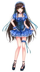 Rule 34 | 1girl, :d, artist request, blue dress, blush, bridal garter, brown hair, china railway girl, choker, dress, fang, frilled dress, frills, full body, hair ornament, hair ribbon, hairband, hand on own hip, highres, lolita hairband, long hair, long legs, looking at viewer, open mouth, original, personification, puffy short sleeves, puffy sleeves, ribbon, saionji rin (crh380b), short sleeves, simple background, skirt hold, smile, solo, standing, star (symbol), star hair ornament, swordsouls, very long hair, white background, wrist cuffs, yellow eyes