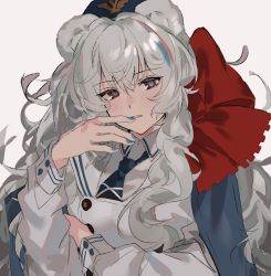 Rule 34 | 1girl, animal ears, aogisa, arknights, bad id, bad twitter id, bear ears, blue eyes, blue hair, blue headwear, blue nails, blue necktie, collared shirt, finger to mouth, grey background, heterochromia, jacket, long hair, long sleeves, looking at viewer, multicolored hair, nail polish, necktie, pink eyes, pink hair, rosa (arknights), shirt, silver hair, simple background, solo, streaked hair, upper body, ursus empire logo, white jacket, white shirt