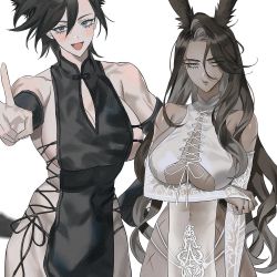 Rule 34 | 2girls, animal ears, warrior of light (ff14), bad id, bad pixiv id, bare shoulders, black gloves, black hair, black ribbon, blue eyes, blush, breasts, bridal gauntlets, china dress, chinese clothes, cleavage, cleavage cutout, closed mouth, clothing cutout, collarbone, covered navel, cropped, dark-skinned female, dark skin, dress, elbow gloves, eyelashes, eyes visible through hair, facial scar, final fantasy, final fantasy xiv, fingerless gloves, gloves, hair between eyes, half-closed eyes, hand on own hip, highres, large breasts, long eyelashes, long hair, looking at viewer, looking away, medium hair, mell (dmwe3537), mole, mole on breast, mole under mouth, multiple girls, open mouth, original, rabbit ears, ribbon, scar, scar on arm, scar on breasts, scar on cheek, scar on face, scar on leg, scar on mouth, scar on stomach, see-through, simple background, smile, toned, tongue, turtleneck, v, viera, white background, white eyes